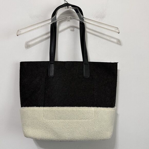 Emma Fox Caspian Shoulder Bag Tote Large Felt Sherpa Gray Cream Purse Trendy - Picture 5 of 8